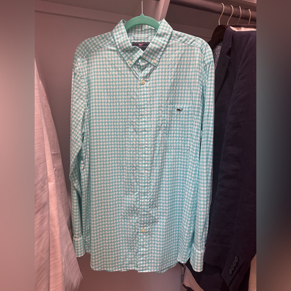 Vineyard Vines Men's Turquoise Gingham Classic Fit Tucker Shirt size XL.